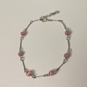 Pink Cat’s Eye Bead Silver Bar Link Bracelet Y2K Aesthetic